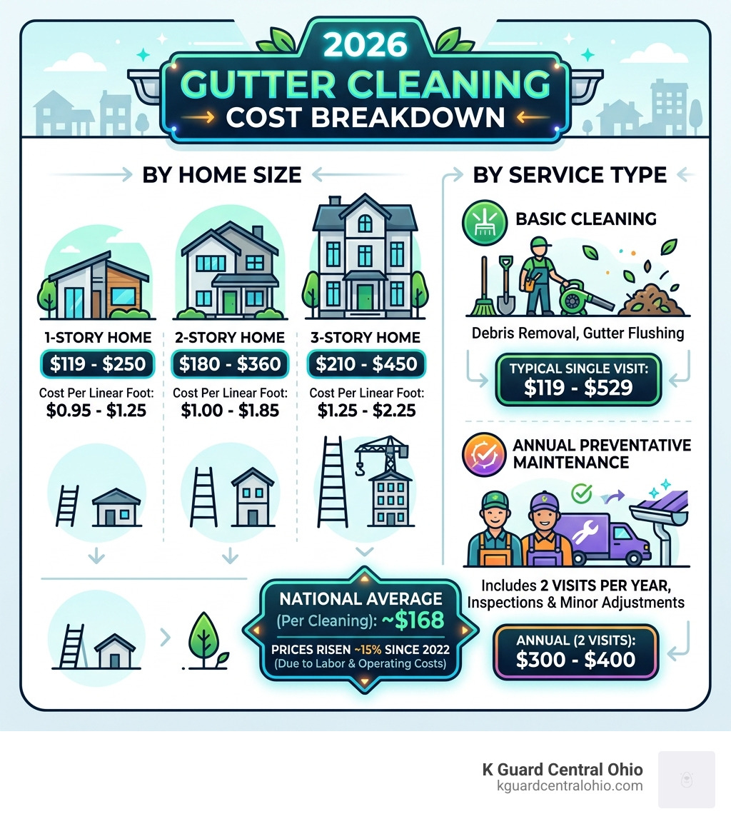 2026 gutter cleaning cost breakdown by service type and home size infographic - gutter cleaning cost infographic 