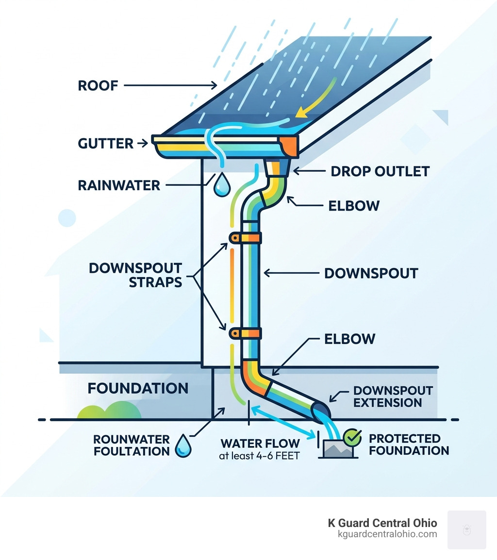 Diagram showing components of a complete gutter and downspout system including gutters, drop outlets, elbows, straps, and