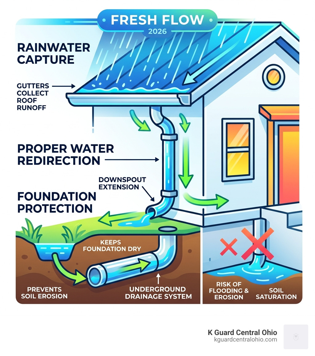 Infographic showing how gutters direct rainwater away from home foundations preventing erosion and flooding - New gutters