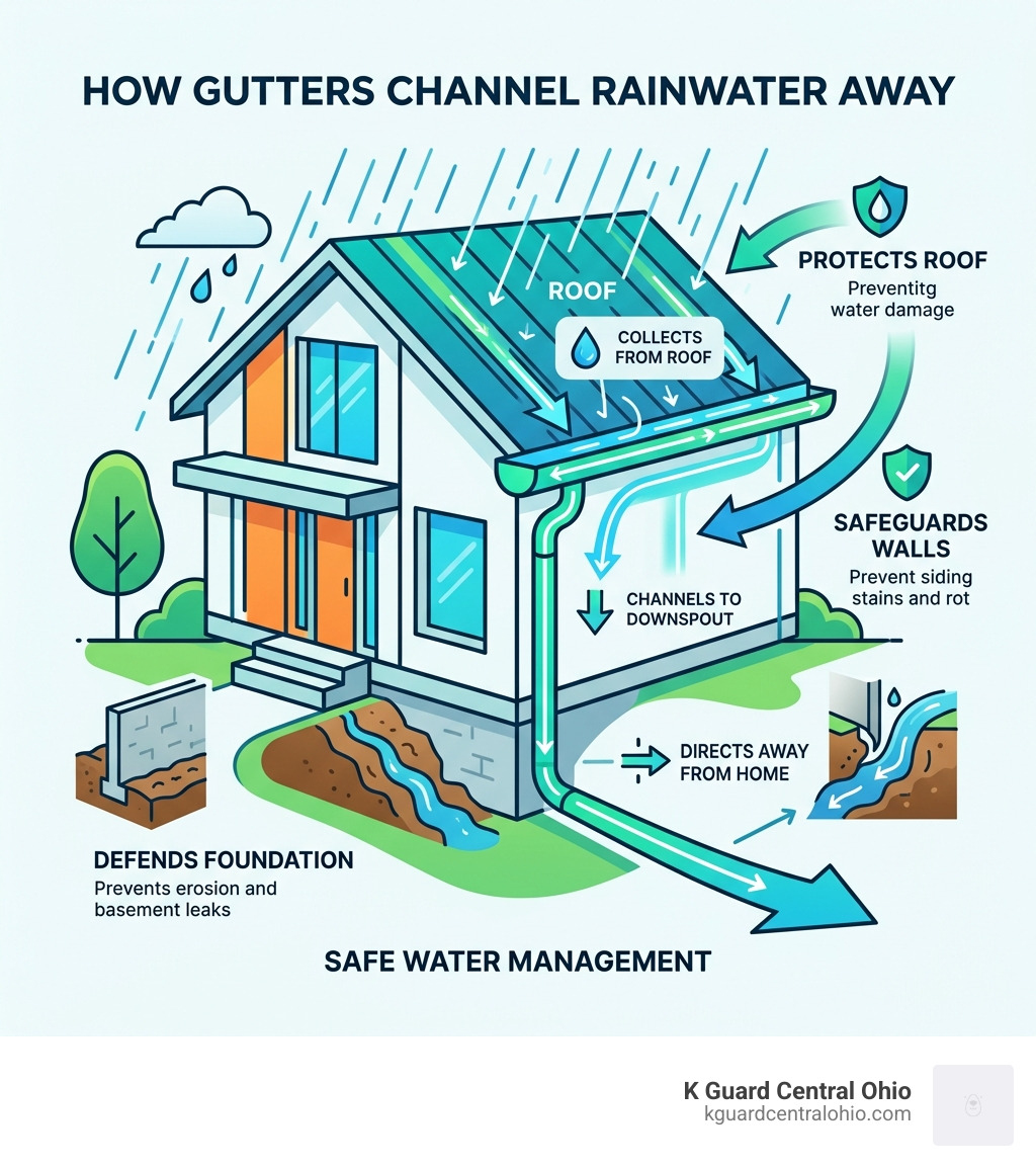Infographic showing how gutters channel rainwater away from roof, walls, and foundation - rain gutters solution infographic 