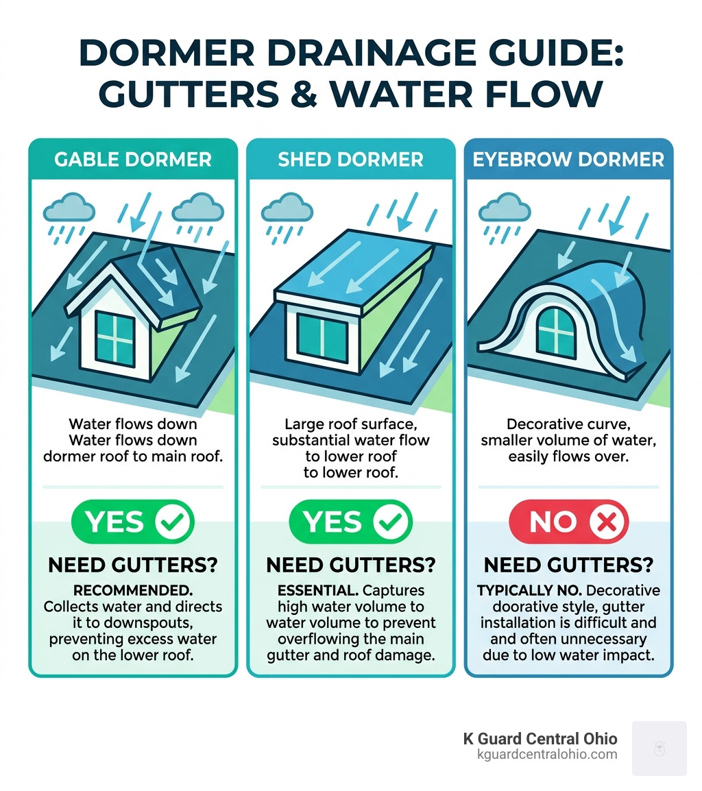 Infographic showing dormer types, water flow patterns, and whether each type needs gutters - gutters on dormers infographic 