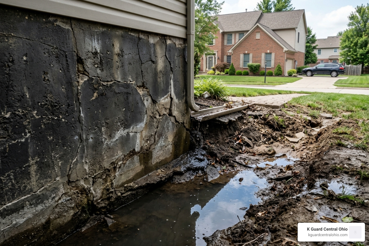 Water damage on a home foundation due to poor drainage - rain gutters solution