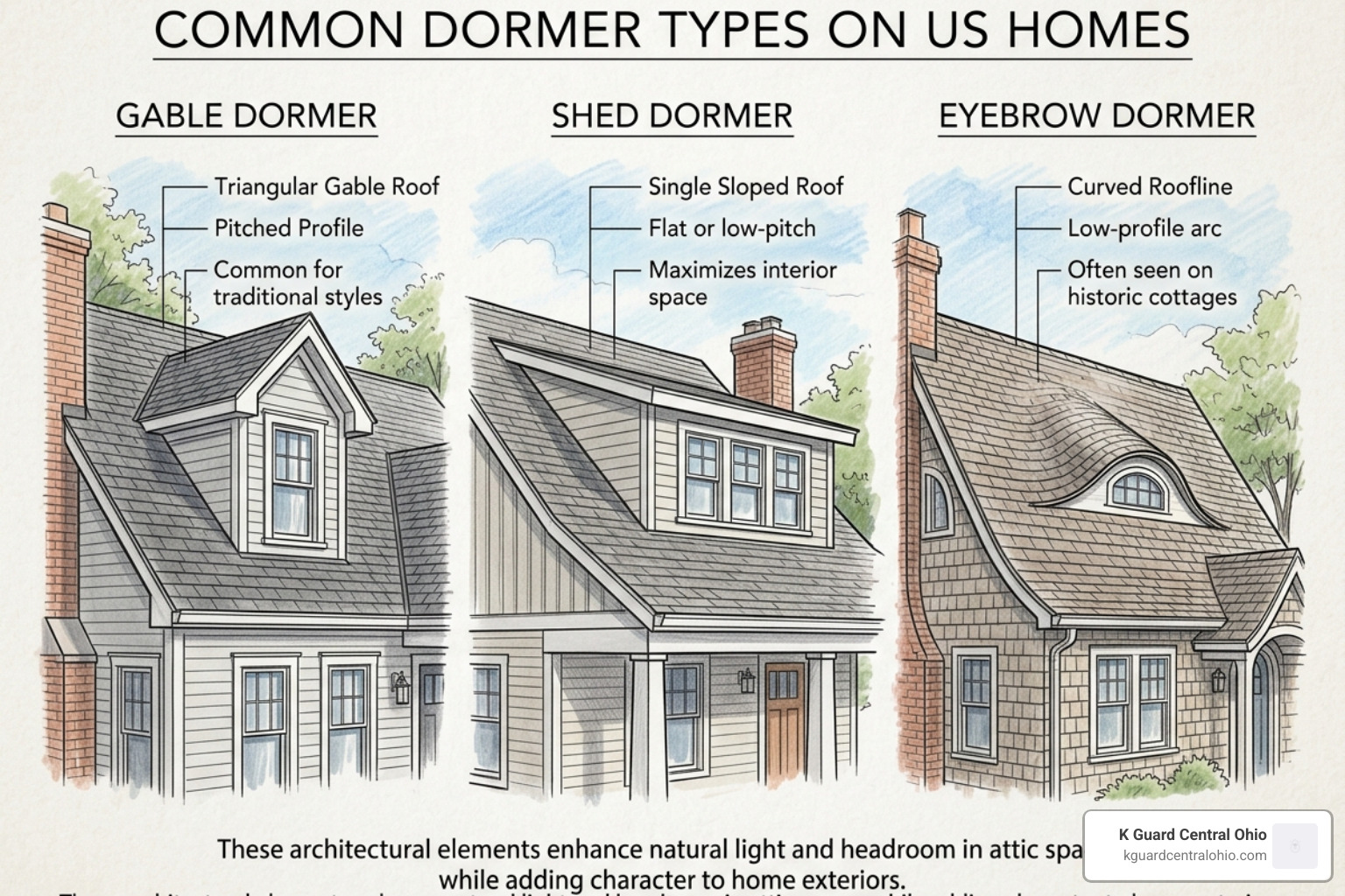 graphic illustrating gable, shed, and eyebrow dormers - gutters on dormers