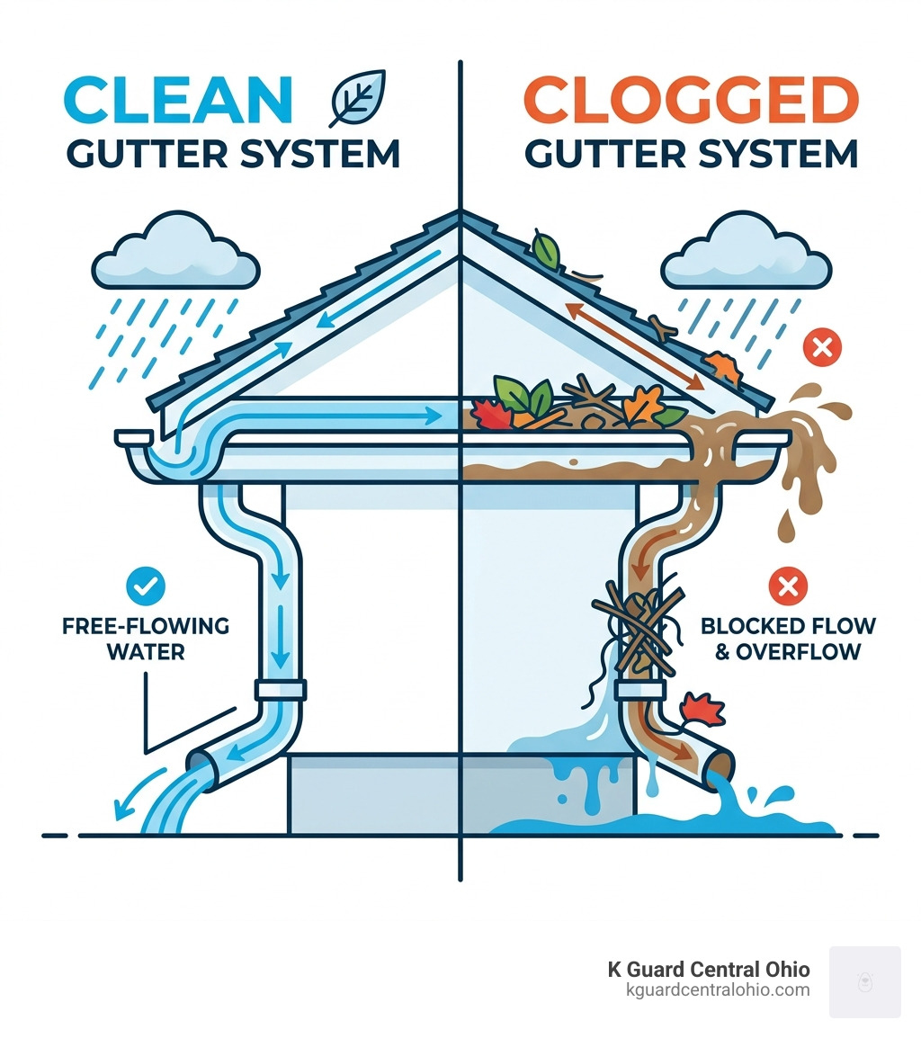 infographic showing how water flows through a clean gutter system vs. a clogged one - prevent clogged gutters infographic 