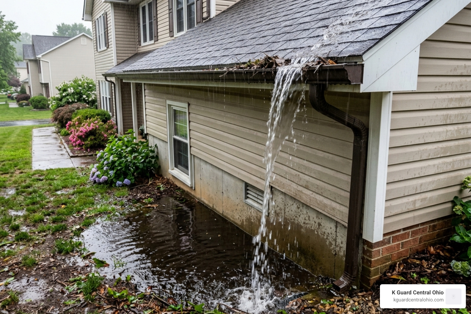 water pooling near a home foundation due to clogged gutters - prevent clogged gutters