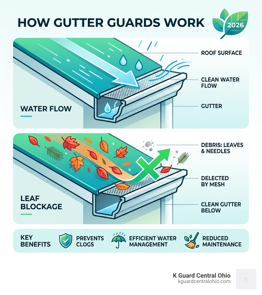 Infographic showing how gutter guards block leaves while allowing water flow - Gutter installation contractors infographic 