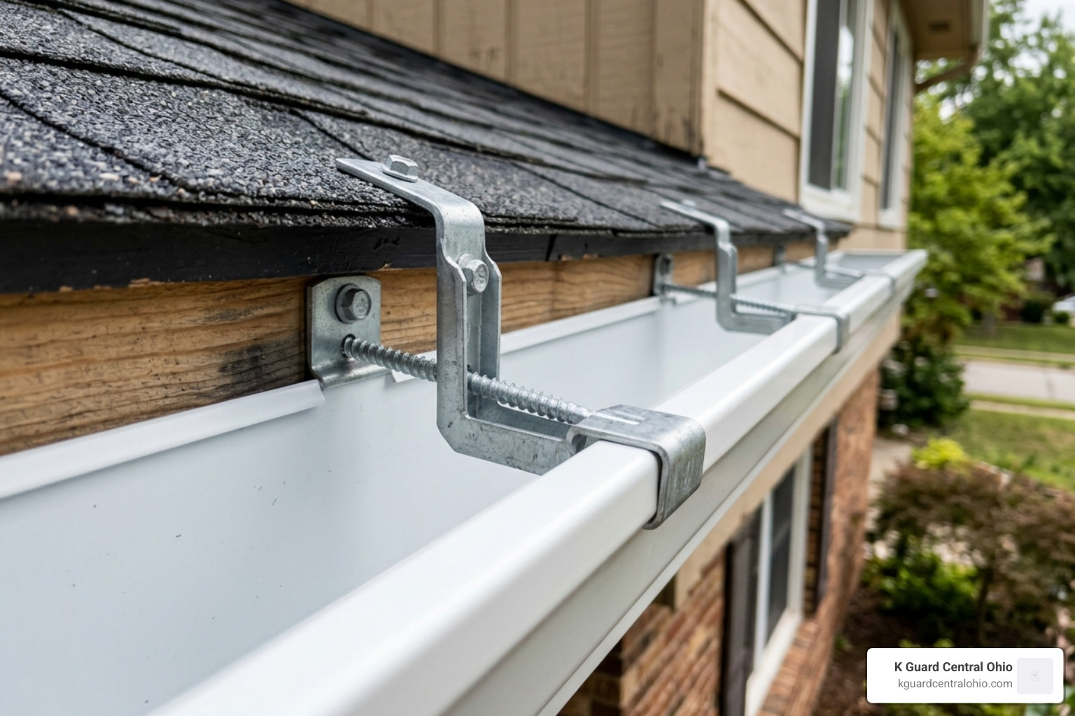 Properly spaced gutter hangers inside a seamless gutter trough - Gutter installation contractors