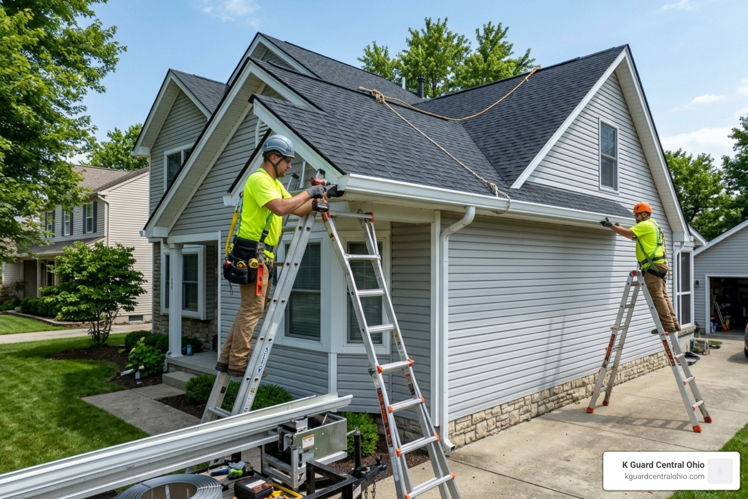 Professional gutter installers on-site installing seamless gutters on a residential home - Gutter installation contractors