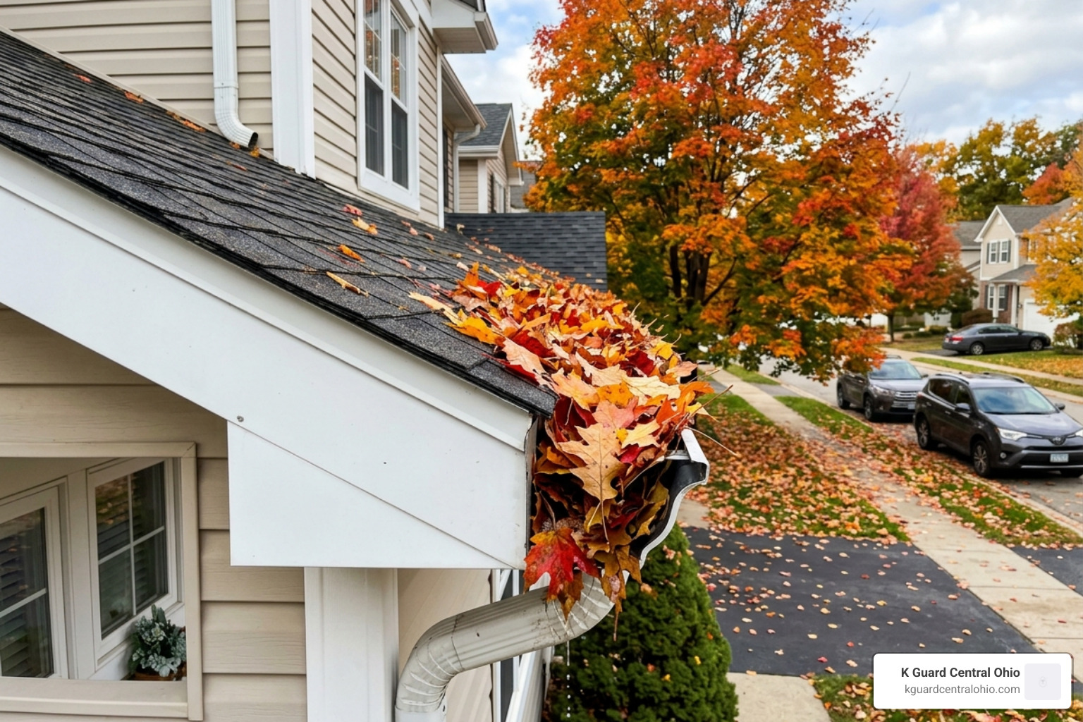 Gutters filled to the brim with colorful but heavy autumn leaves - Gutter maintenance schedule