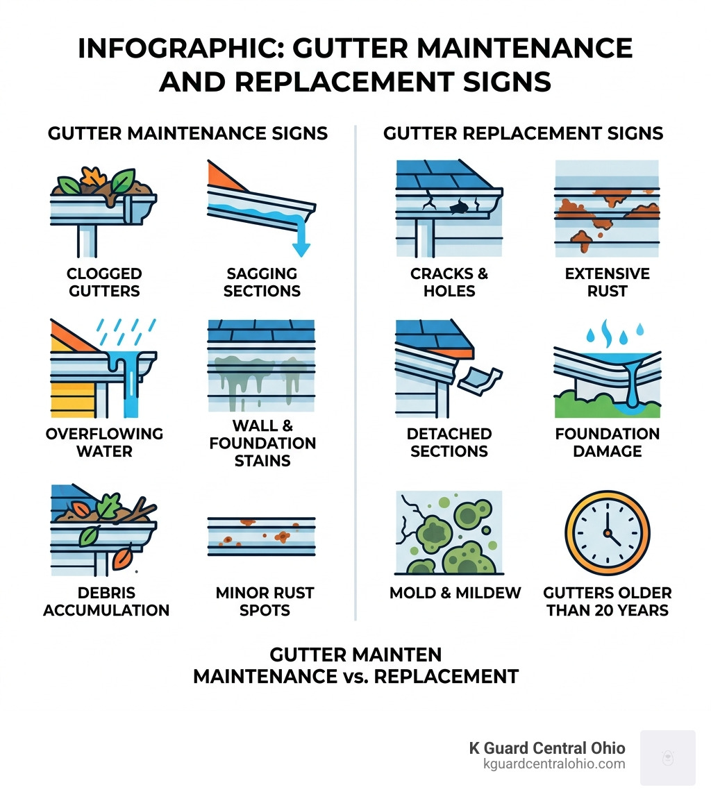 Infographic summary of gutter maintenance and replacement signs - what do new gutters cost infographic 