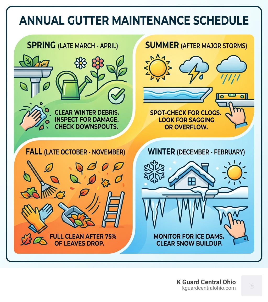 Annual gutter maintenance schedule showing seasonal tasks spring through winter - Gutter maintenance schedule infographic 
