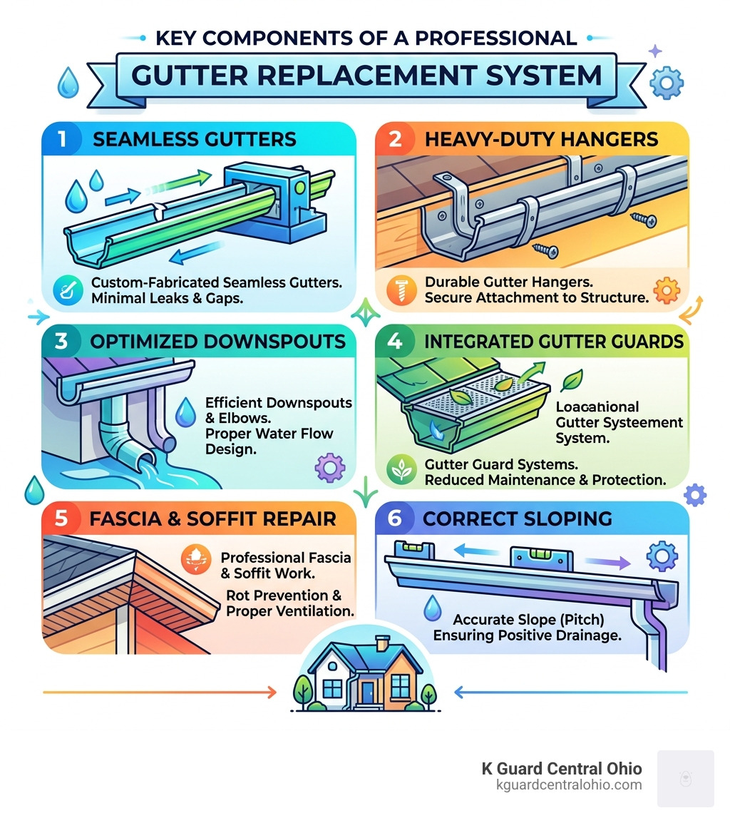 Key components of a professional gutter replacement system infographic - Gutter replacement company infographic Key components of a professional gutter replacement system infographic - Gutter replacement company infographic