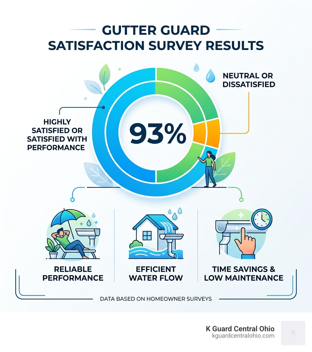 Survey results showing 93% satisfaction with gutter guard performance - Gutter replacement company infographic Survey results showing 93% satisfaction with gutter guard performance - Gutter replacement company infographic