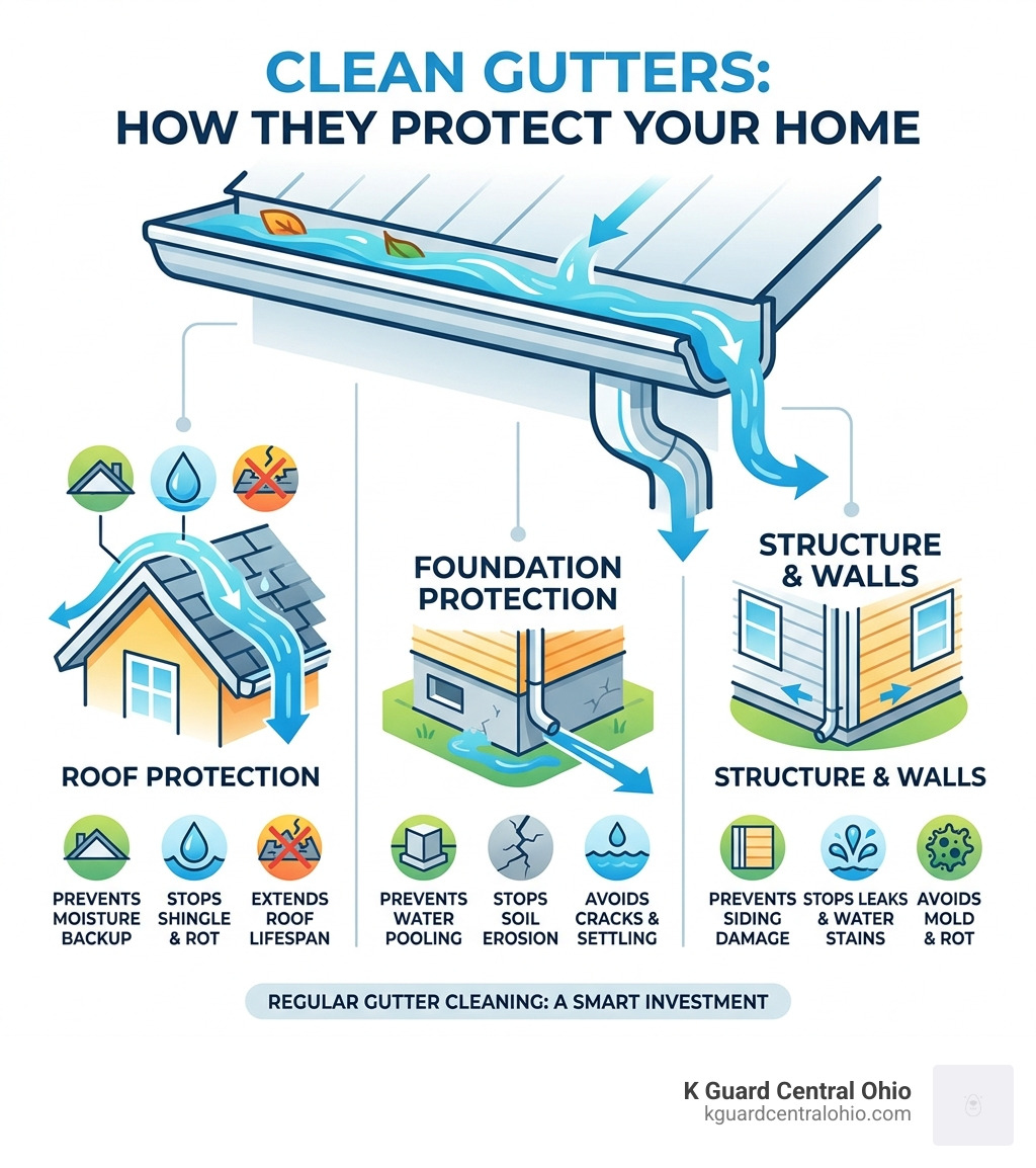 Infographic showing how clean gutters protect roof, foundation, and home structure - Gutter cleaning benefits infographic 