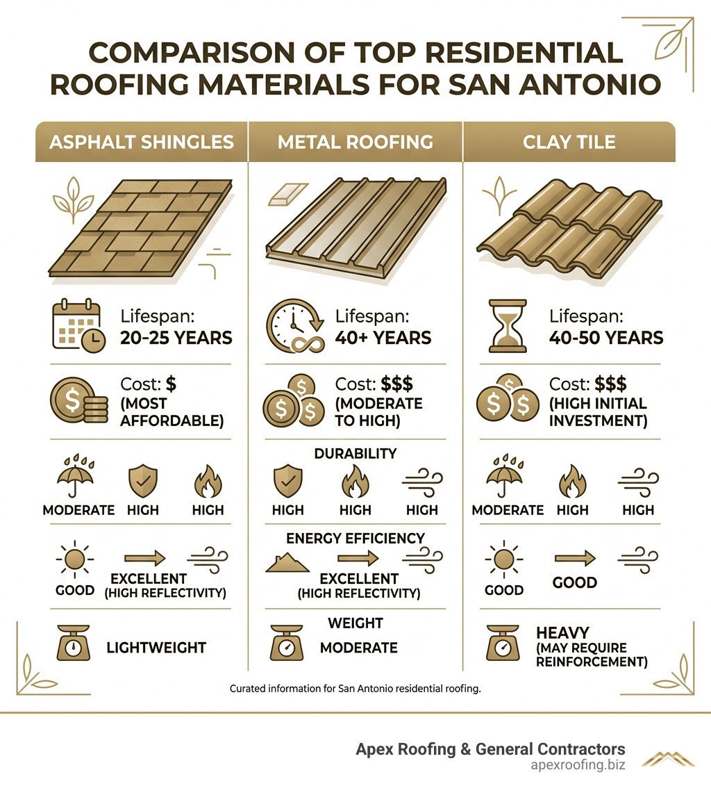 Comparison table of roofing materials: Asphalt (20-25 yrs, $), Metal (40+ yrs, $$$), Clay Tile (40-50 yrs, $$$) - san