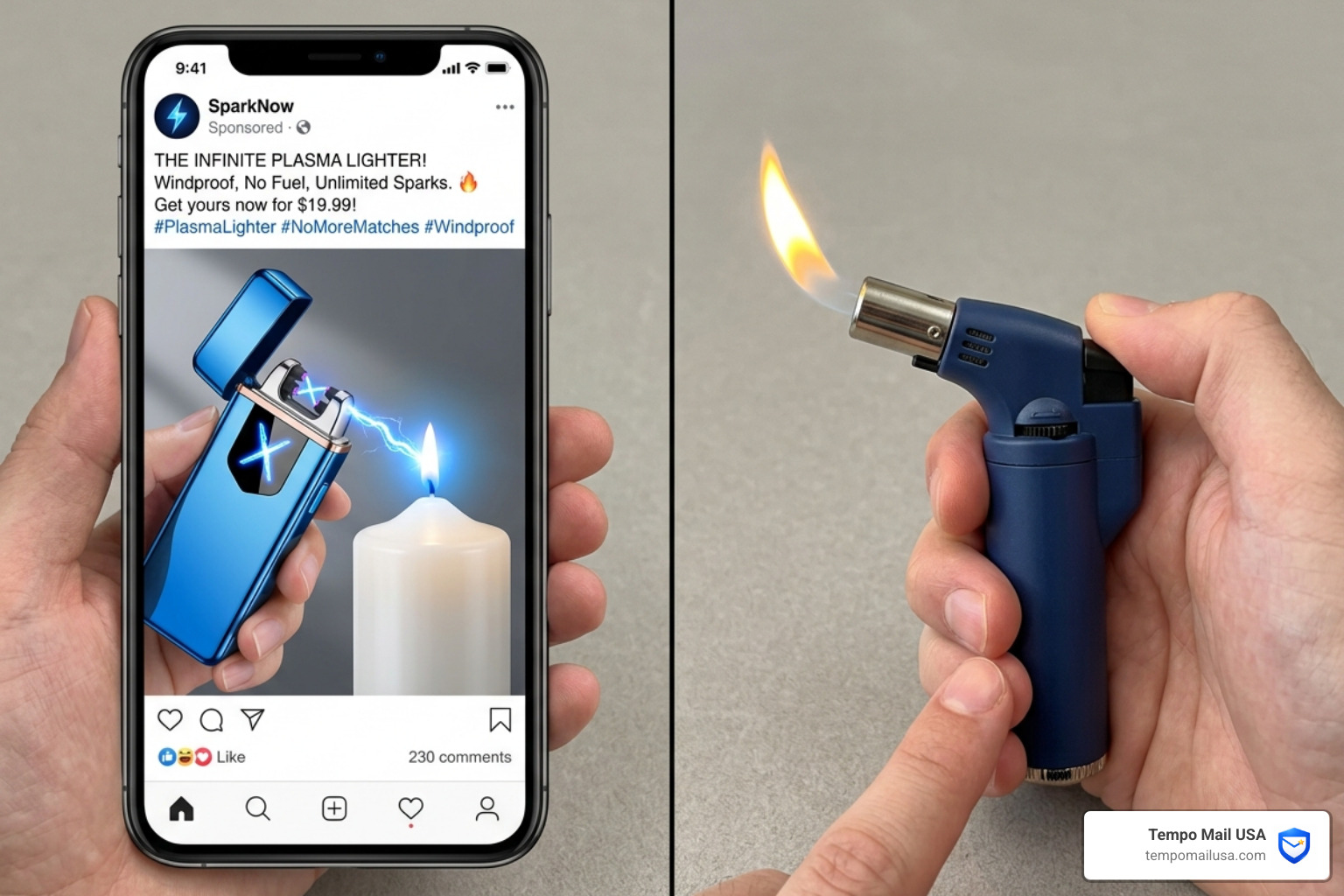 Misleading social media ad showing a plasma arc vs the actual butane torch product received - lux blaze scam or legit review
