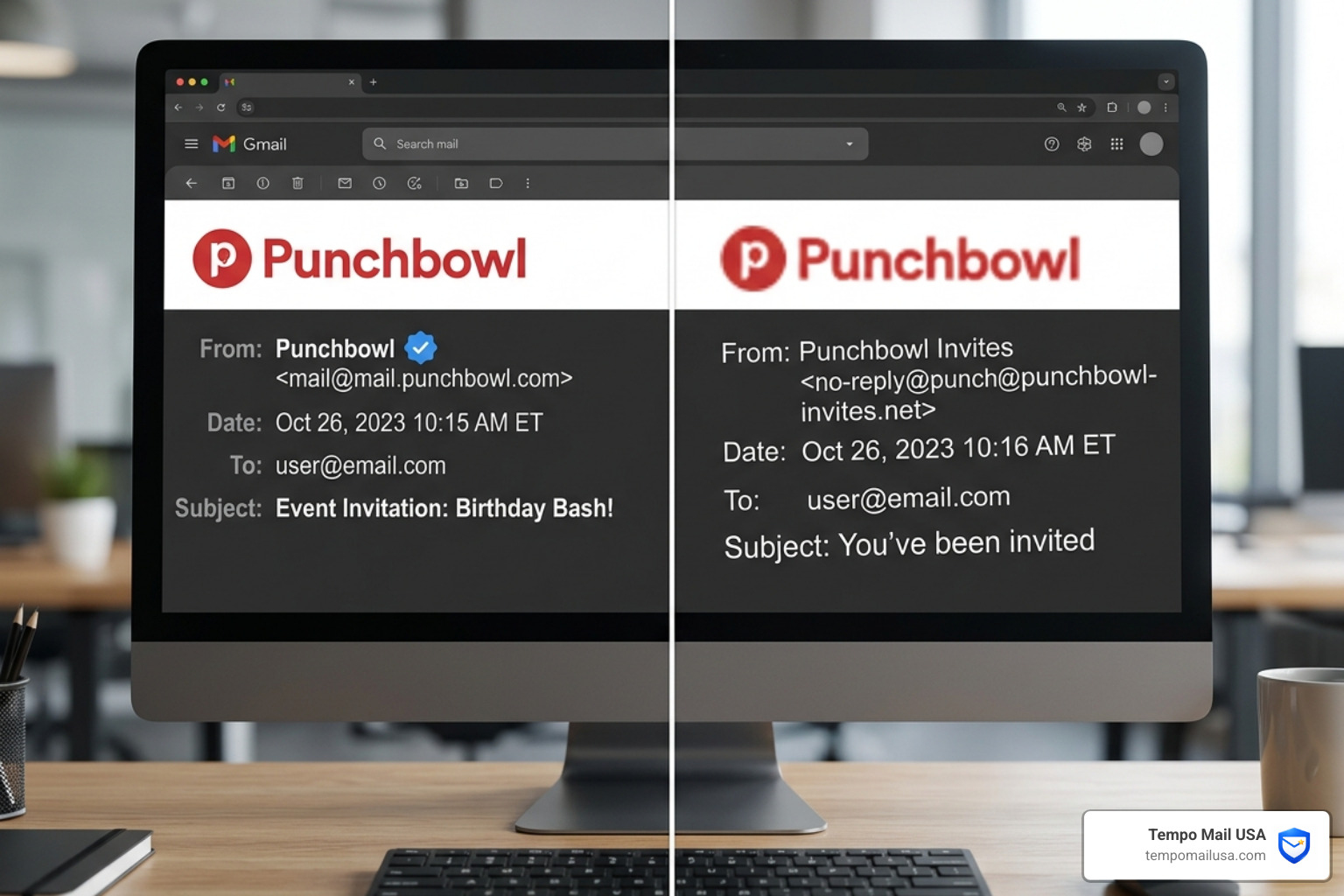 Side-by-side comparison of a legitimate Punchbowl header vs. a phishing header with errors - punchbowl invite scam what to do Side-by-side comparison of a legitimate Punchbowl header vs. a phishing header with errors - punchbowl invite scam what to do