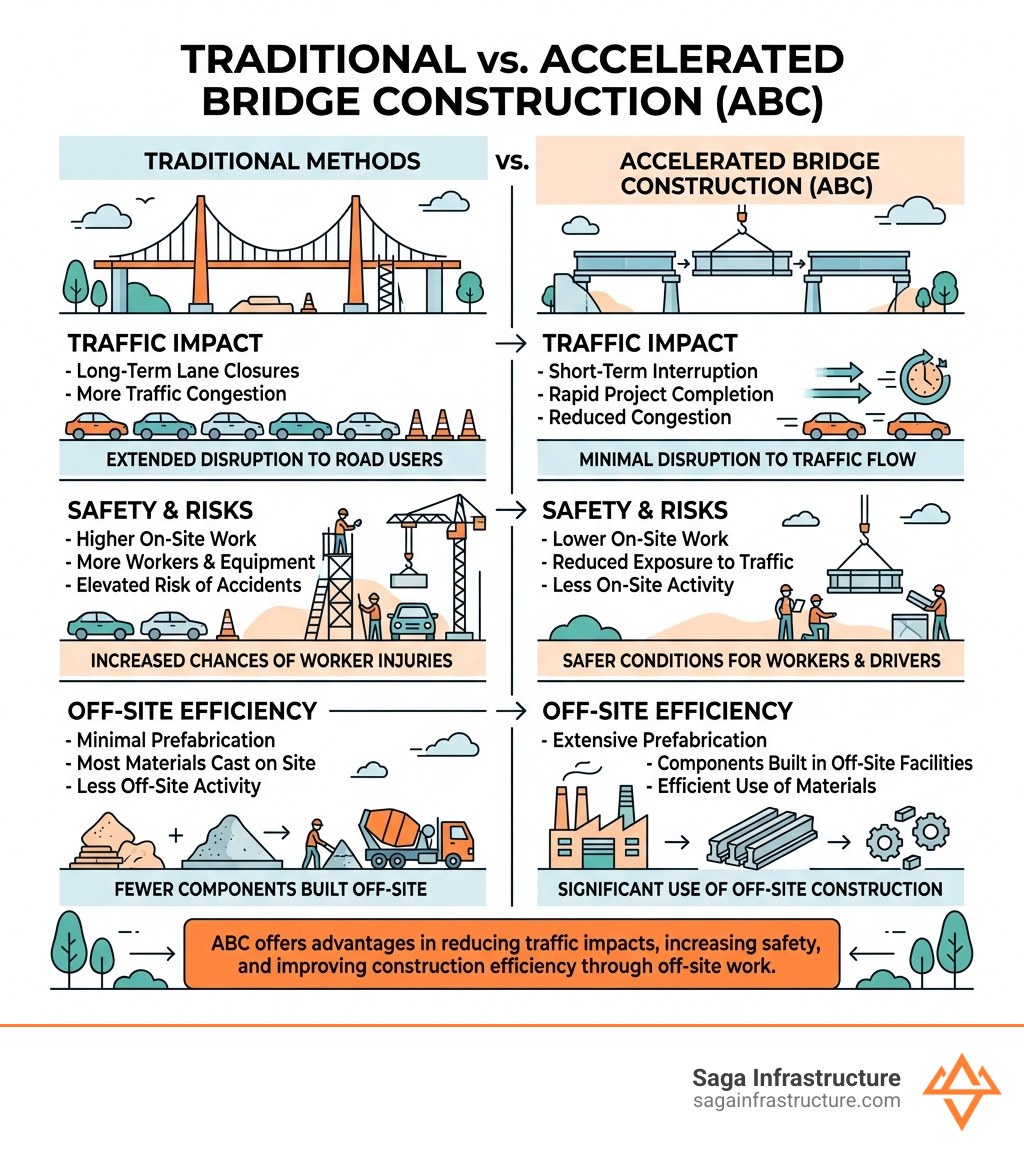 Infographic comparing traditional bridge building and ABC on traffic safety cost and off-site work - bridge construction
