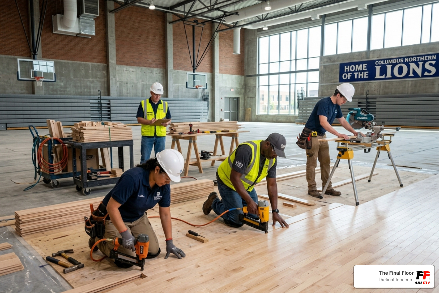 Professional crew installing gym floor planks in a Columbus school - Columbus flooring contractors Professional crew installing gym floor planks in a Columbus school - Columbus flooring contractors