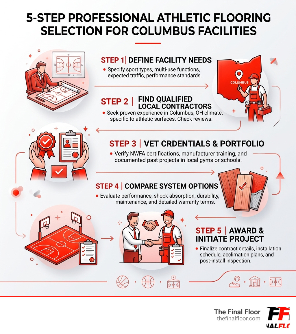 5-step professional athletic flooring selection process for Columbus facilities - Columbus flooring contractors infographic 5-step professional athletic flooring selection process for Columbus facilities - Columbus flooring contractors infographic