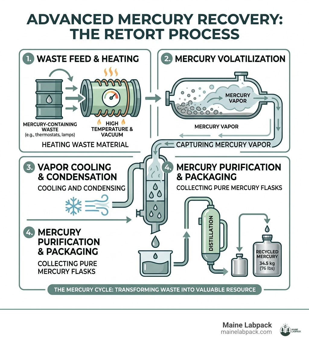Infographic showing the retort process: heating waste, capturing vapor, and condensing it into pure mercury flasks - mercury Infographic showing the retort process: heating waste, capturing vapor, and condensing it into pure mercury flasks - mercury