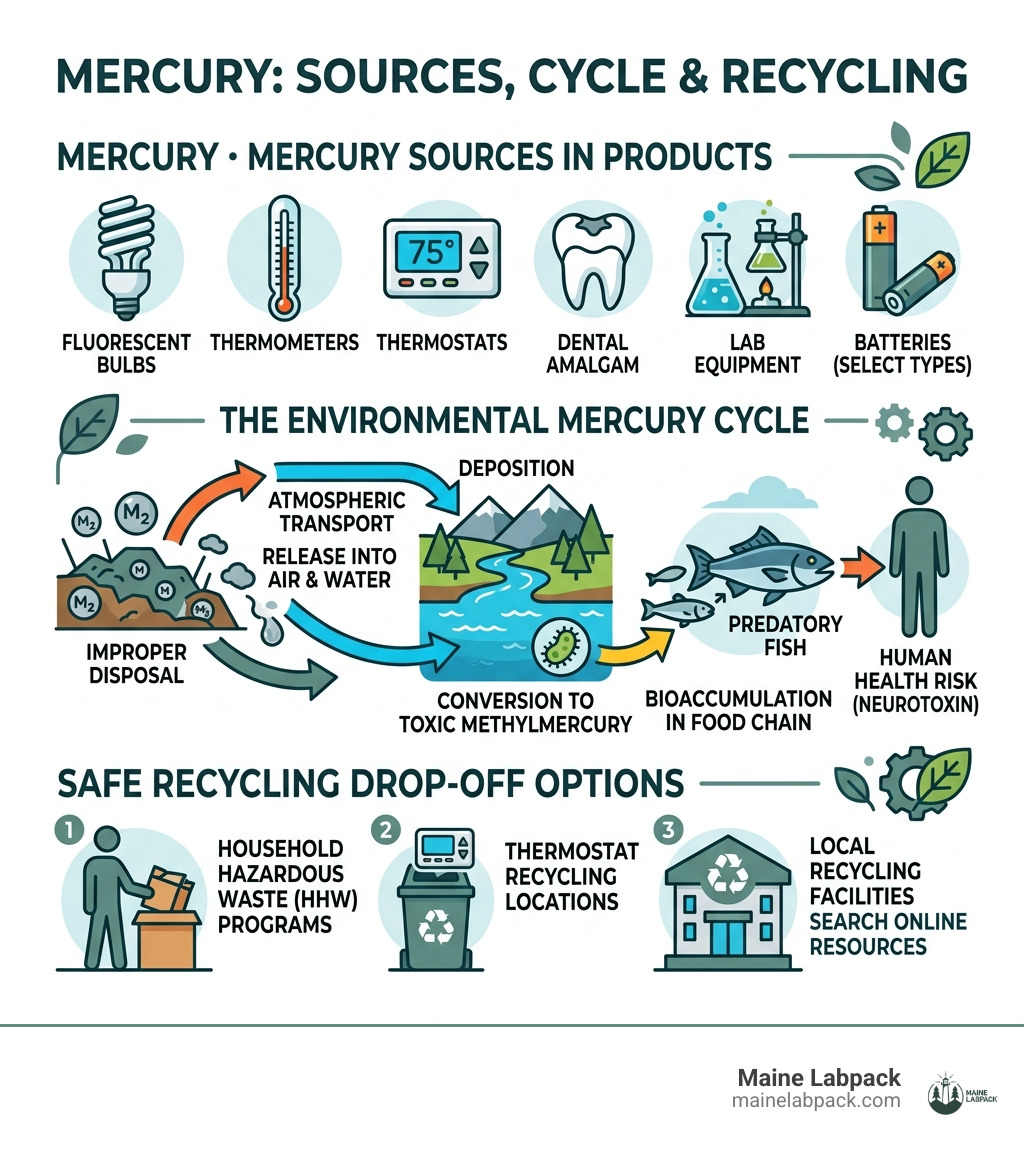 Infographic showing mercury sources, environmental cycle, and recycling drop-off options - mercury recycling infographic Infographic showing mercury sources, environmental cycle, and recycling drop-off options - mercury recycling infographic