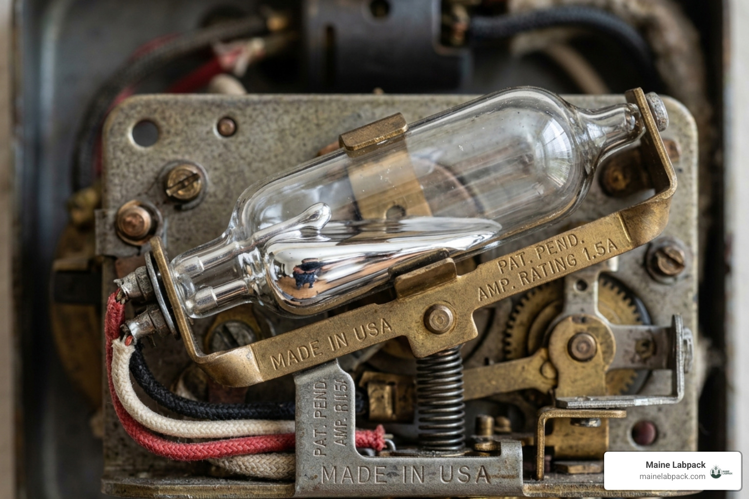 A close-up of an old-fashioned mercury tilt switch inside a thermostat - mercury recycling A close-up of an old-fashioned mercury tilt switch inside a thermostat - mercury recycling