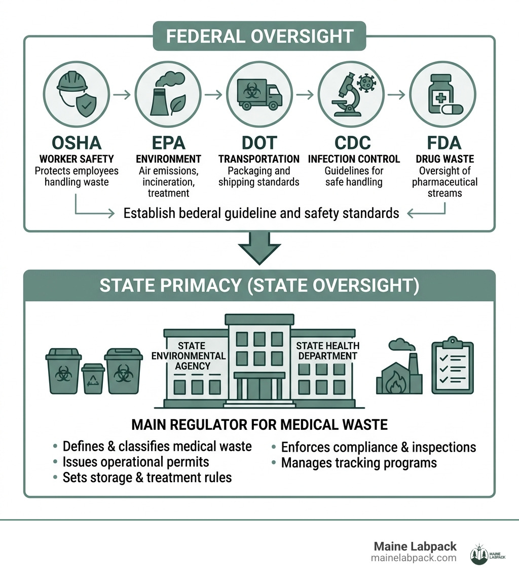 Infographic showing hierarchy of federal vs state medical waste oversight with agency roles - medical waste disposal is Infographic showing hierarchy of federal vs state medical waste oversight with agency roles - medical waste disposal is