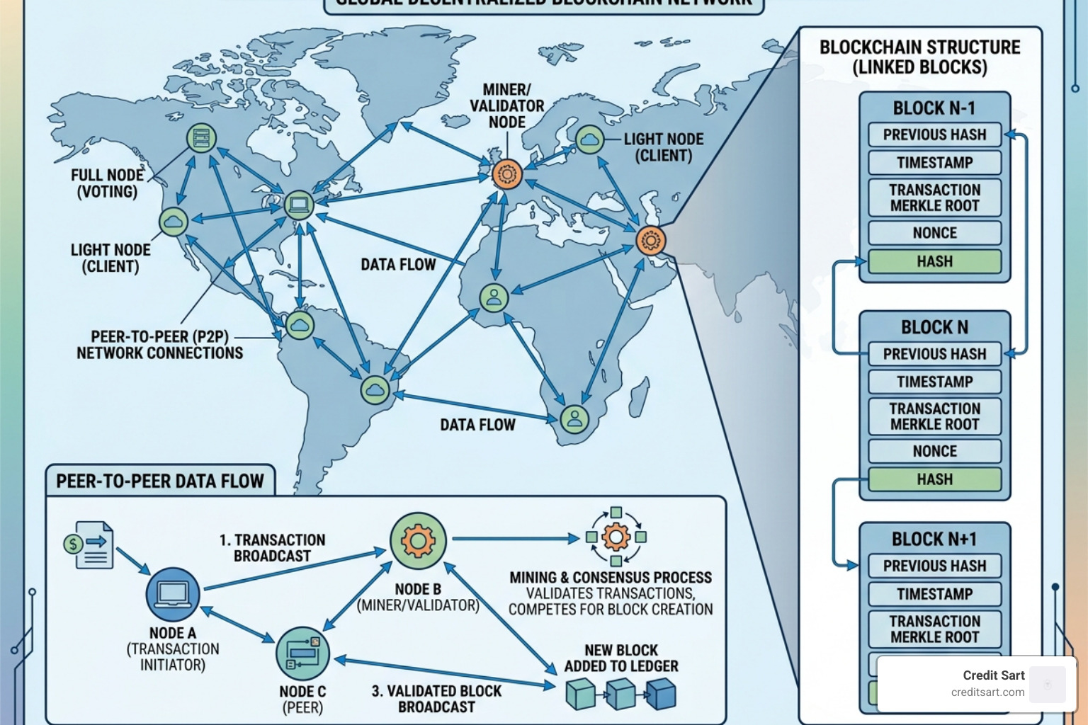 Diagram of a decentralized blockchain network - beginner crypto guide