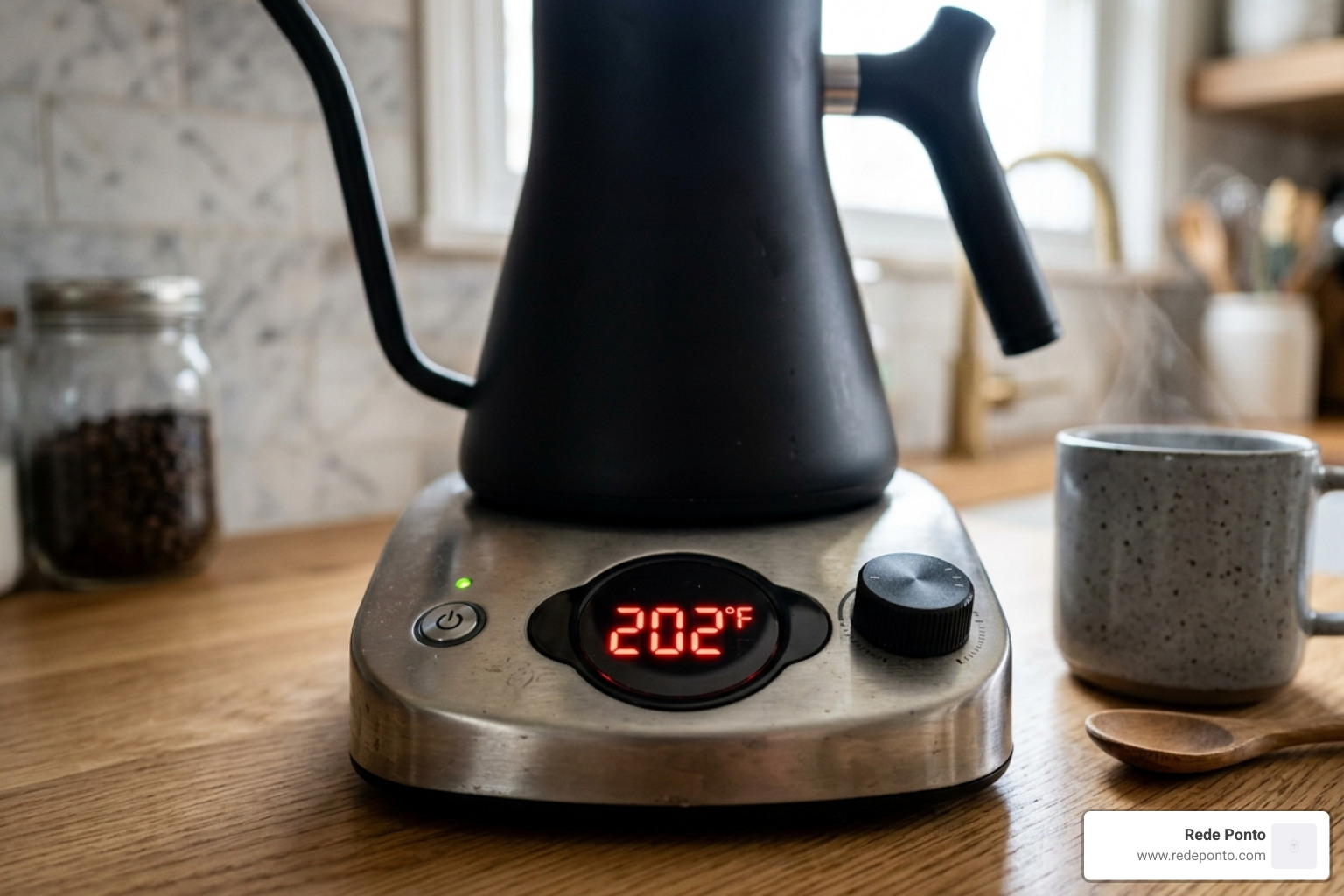 Close-up of a digital temperature display on an electric kettle base - gooseneck pour over kettle