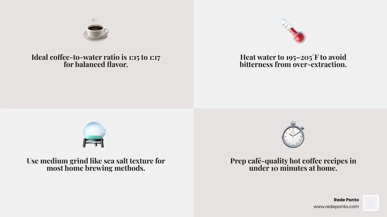 Infographic showing hot coffee recipes golden ratio, prep times, and key ingredients - hot coffee recipes infographic Infographic showing hot coffee recipes golden ratio, prep times, and key ingredients - hot coffee recipes infographic