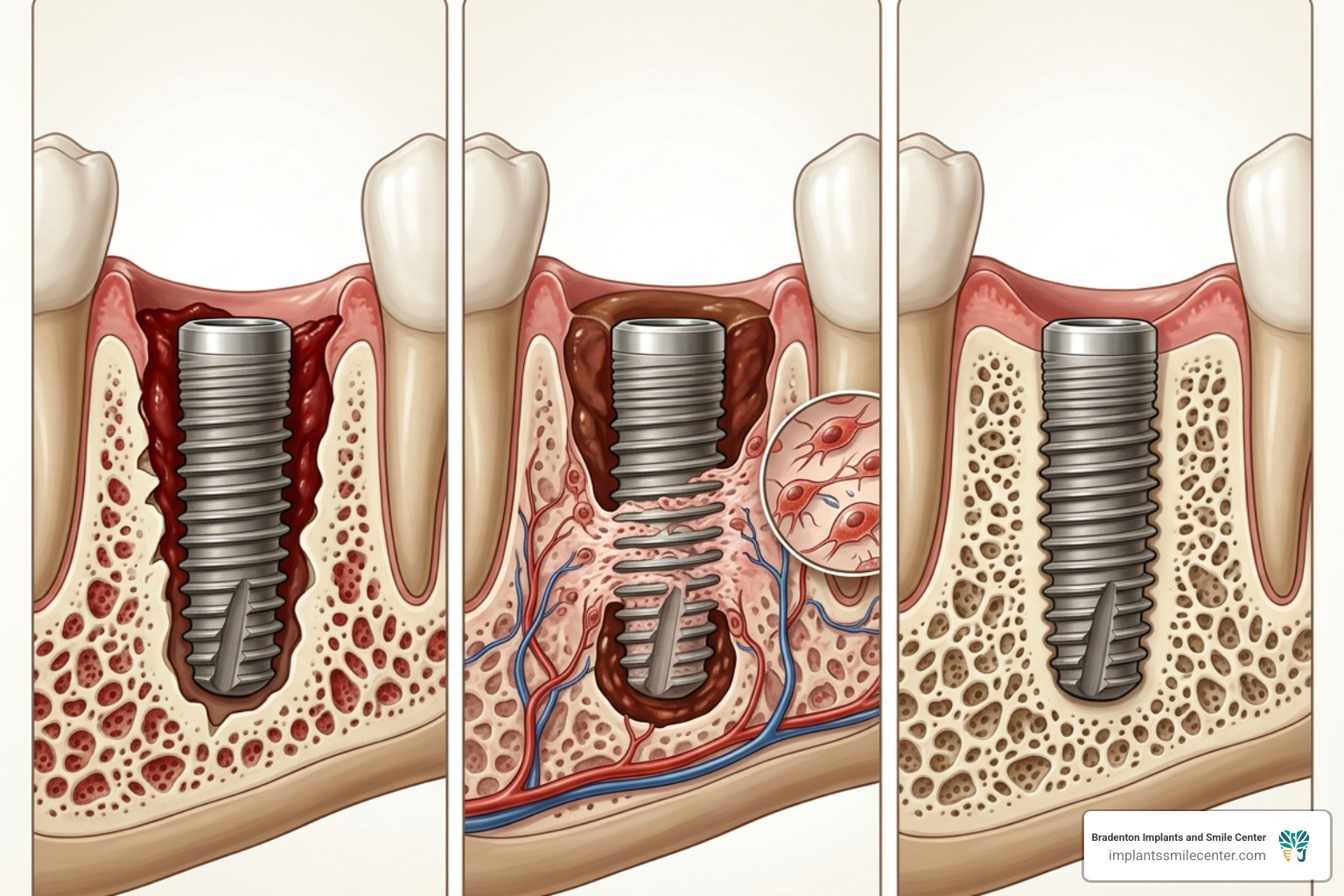 The osseointegration process showing bone fusing to a titanium implant - best dental implants Bradenton