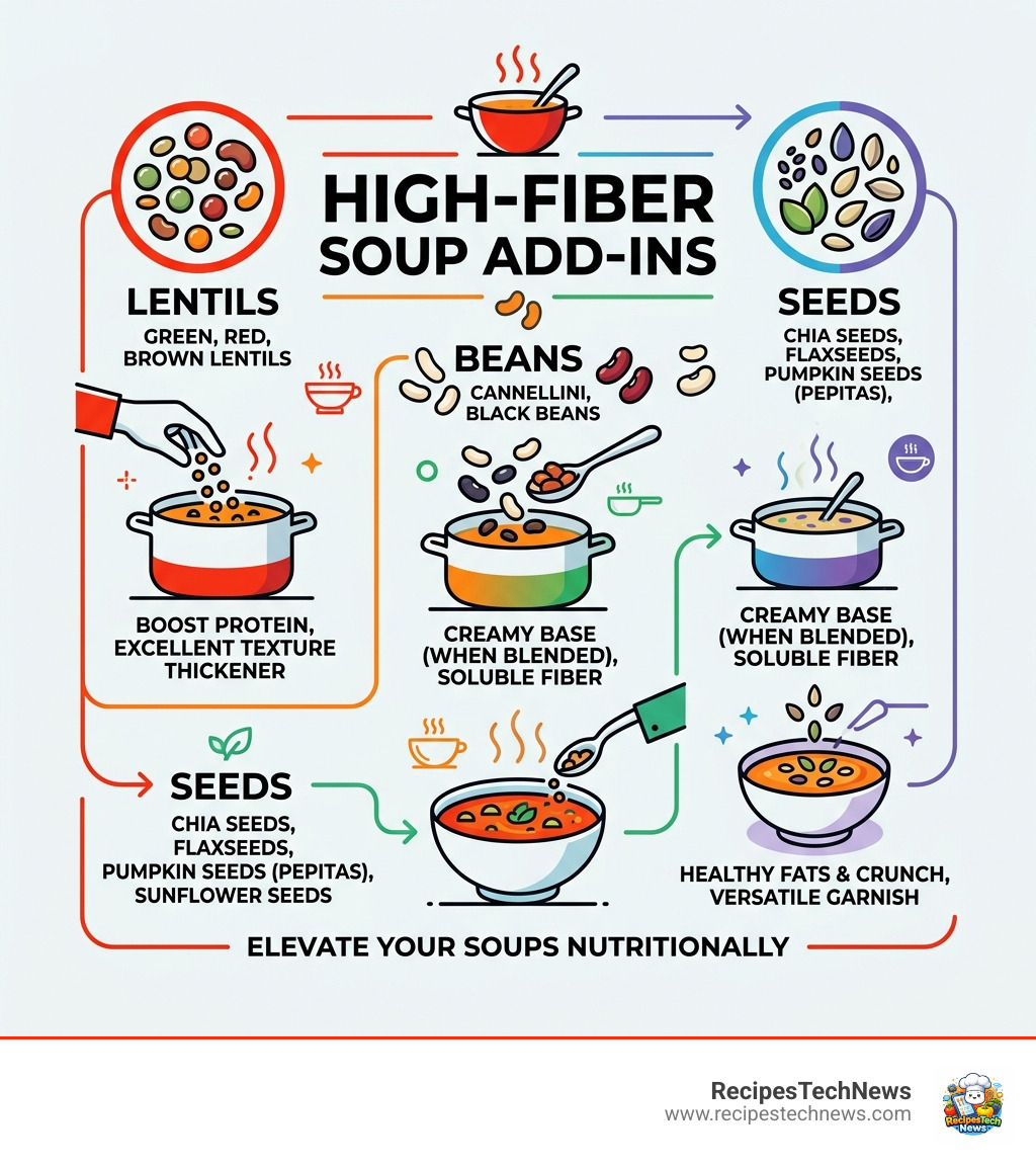 Infographic showing high-fiber soup add-ins like lentils, beans, and seeds - immersion blender soup recipes infographic 