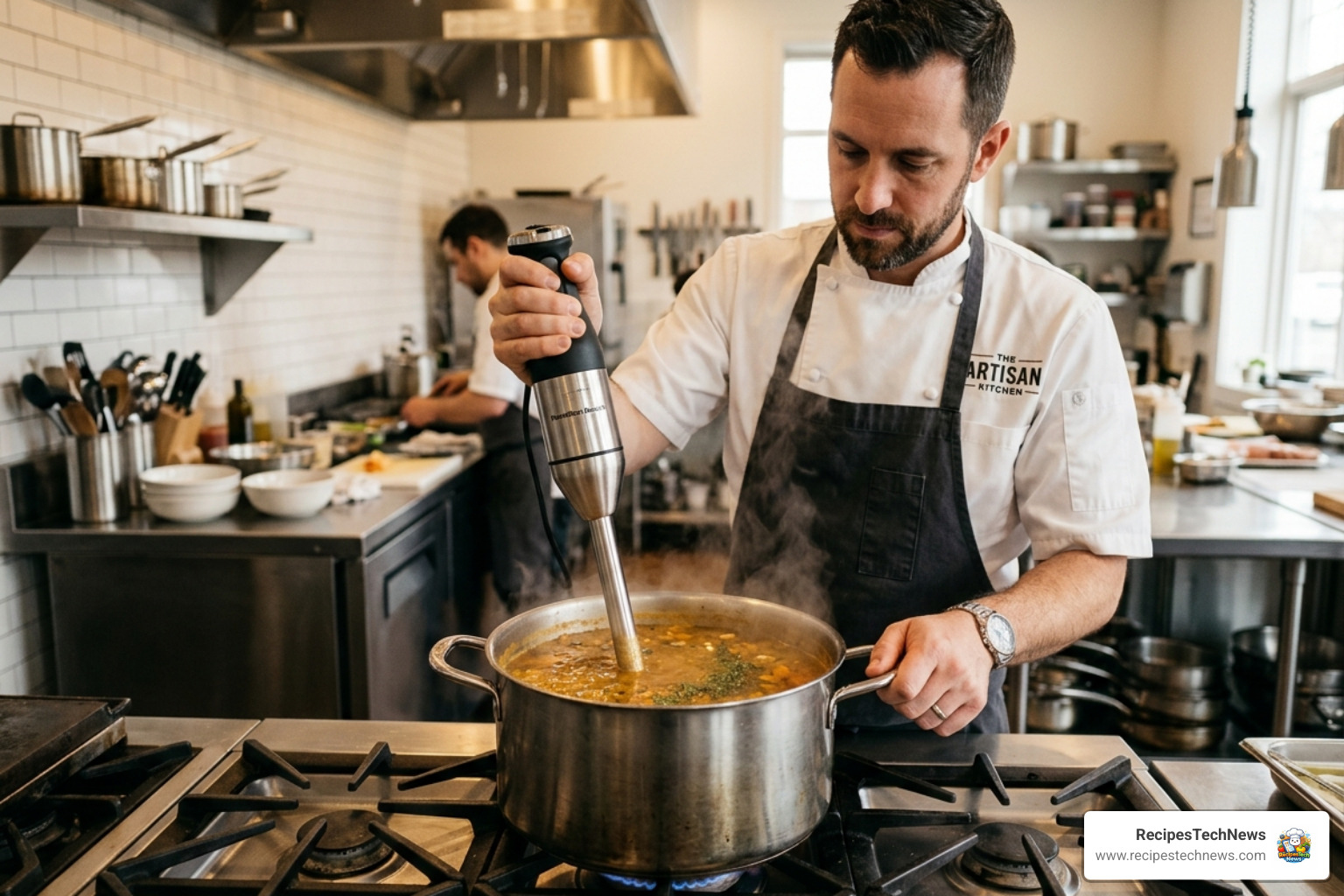 Chef safely submerging a blender in a pot of hot soup - immersion blender soup recipes
