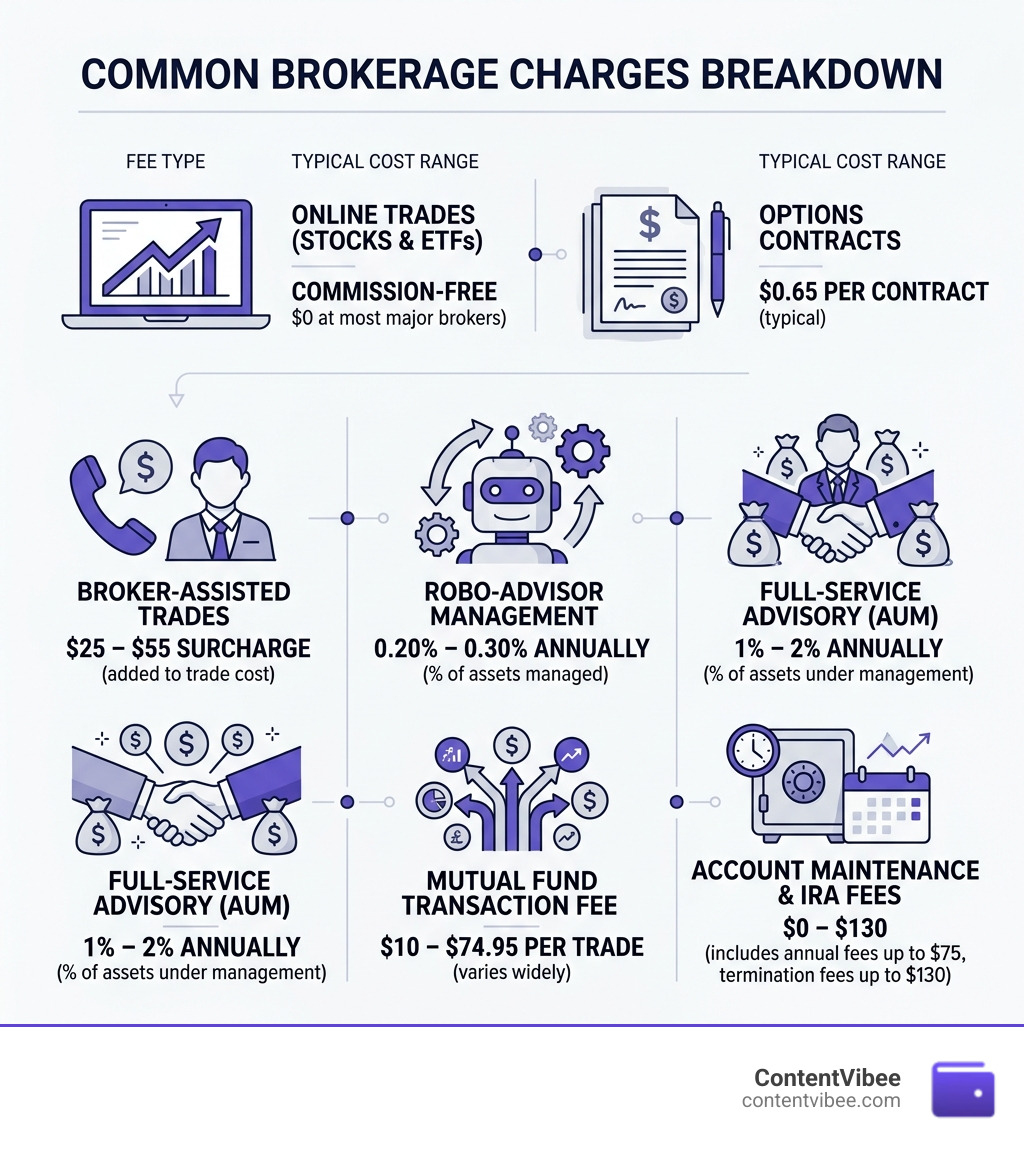 Breakdown of common brokerage charges by fee type and typical cost range - Brokerage Firm Investment Fees and Account