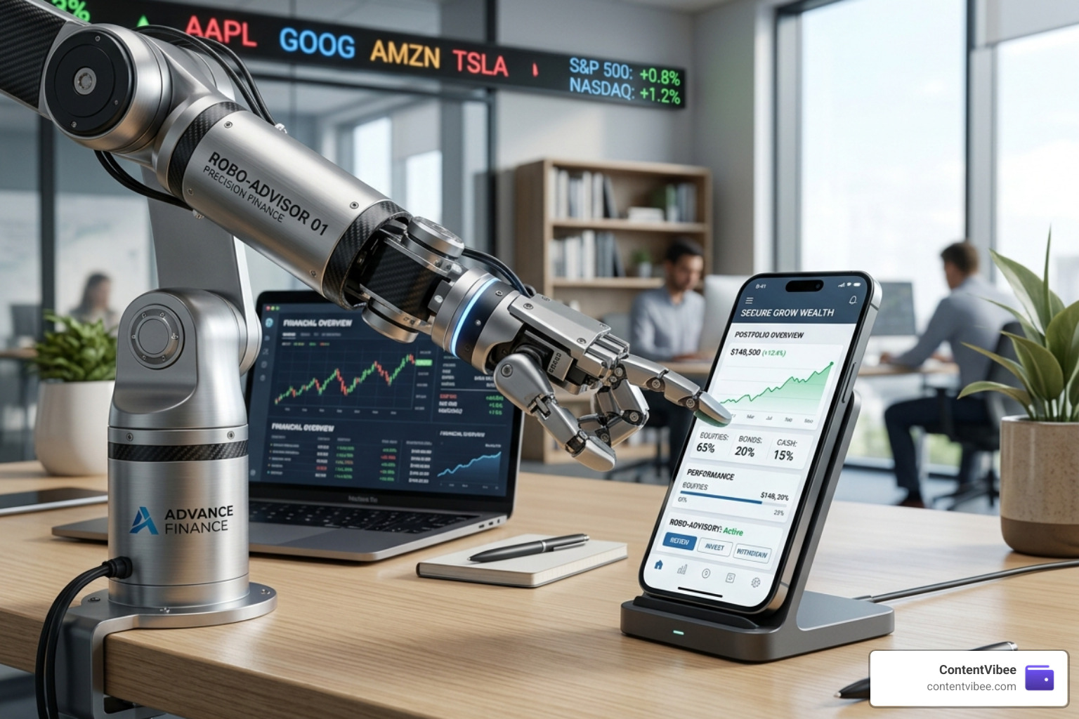 Robotic arm interacting with a smartphone representing robo-advisory services - Brokerage Firm Investment Fees and Account