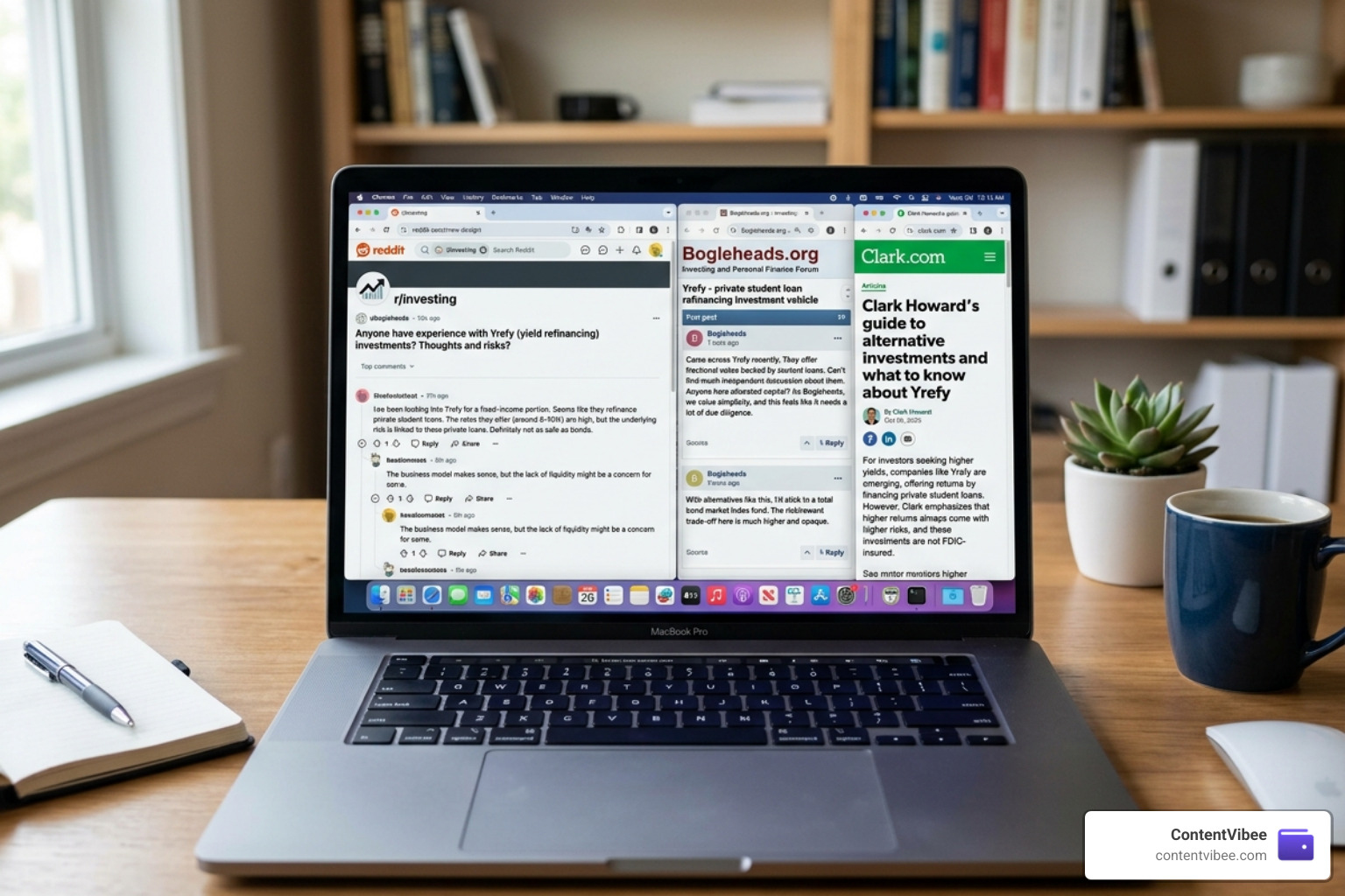 Investor forums Reddit Bogleheads and Clark.com discussions on laptop screen - Yrefy Investment Reviews Risk Analysis and