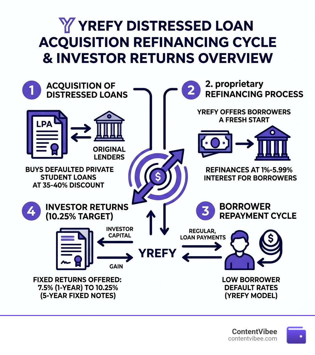 Yrefy distressed loan acquisition refinancing cycle investor returns overview infographic - Yrefy Investment Reviews Risk