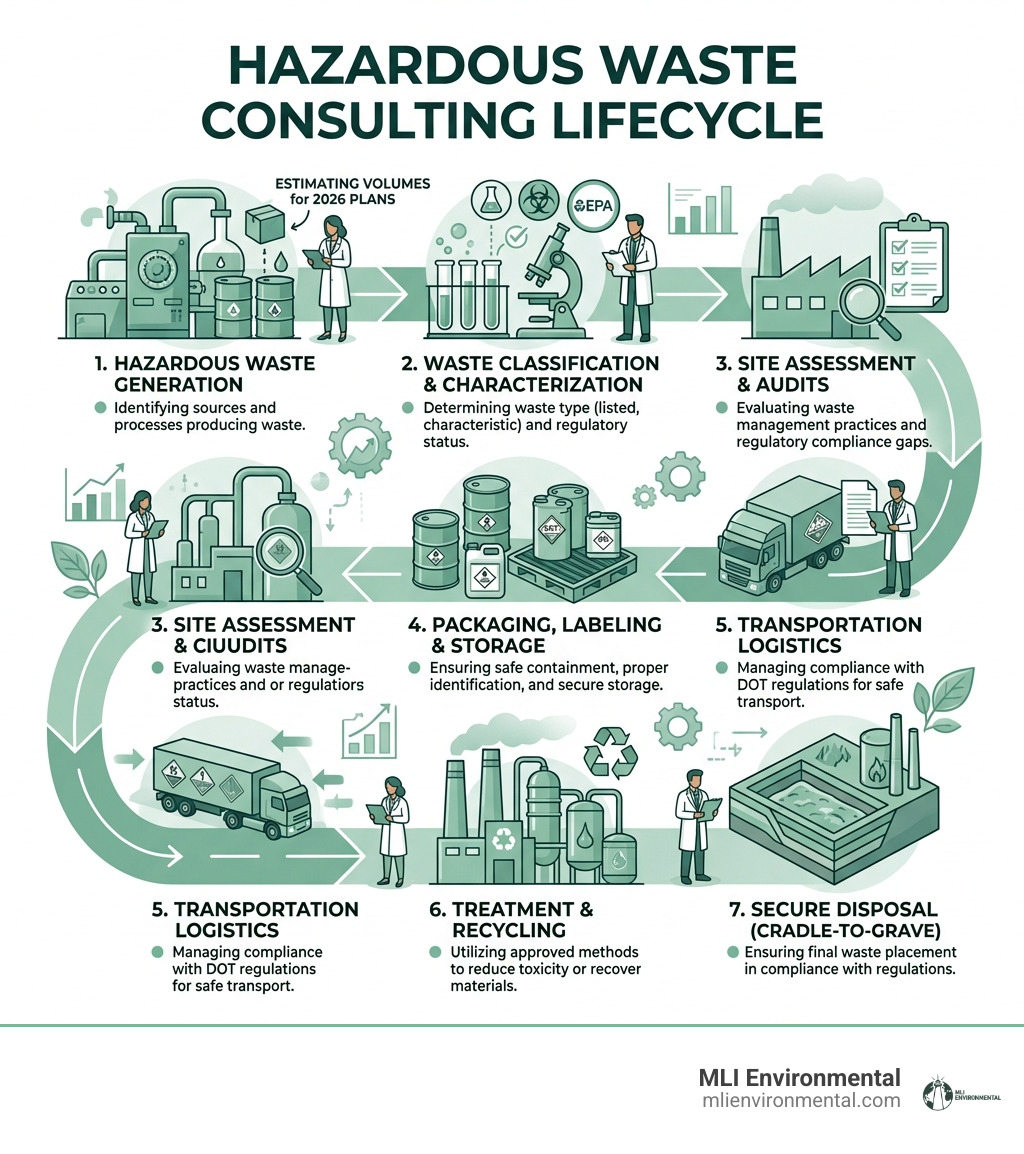 Hazardous waste consulting lifecycle infographic from generation to disposal - hazardous waste consulting infographic Hazardous waste consulting lifecycle infographic from generation to disposal - hazardous waste consulting infographic
