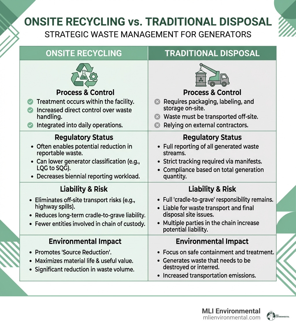 Onsite recycling vs traditional disposal table - hazardous waste consulting infographic Onsite recycling vs traditional disposal table - hazardous waste consulting infographic