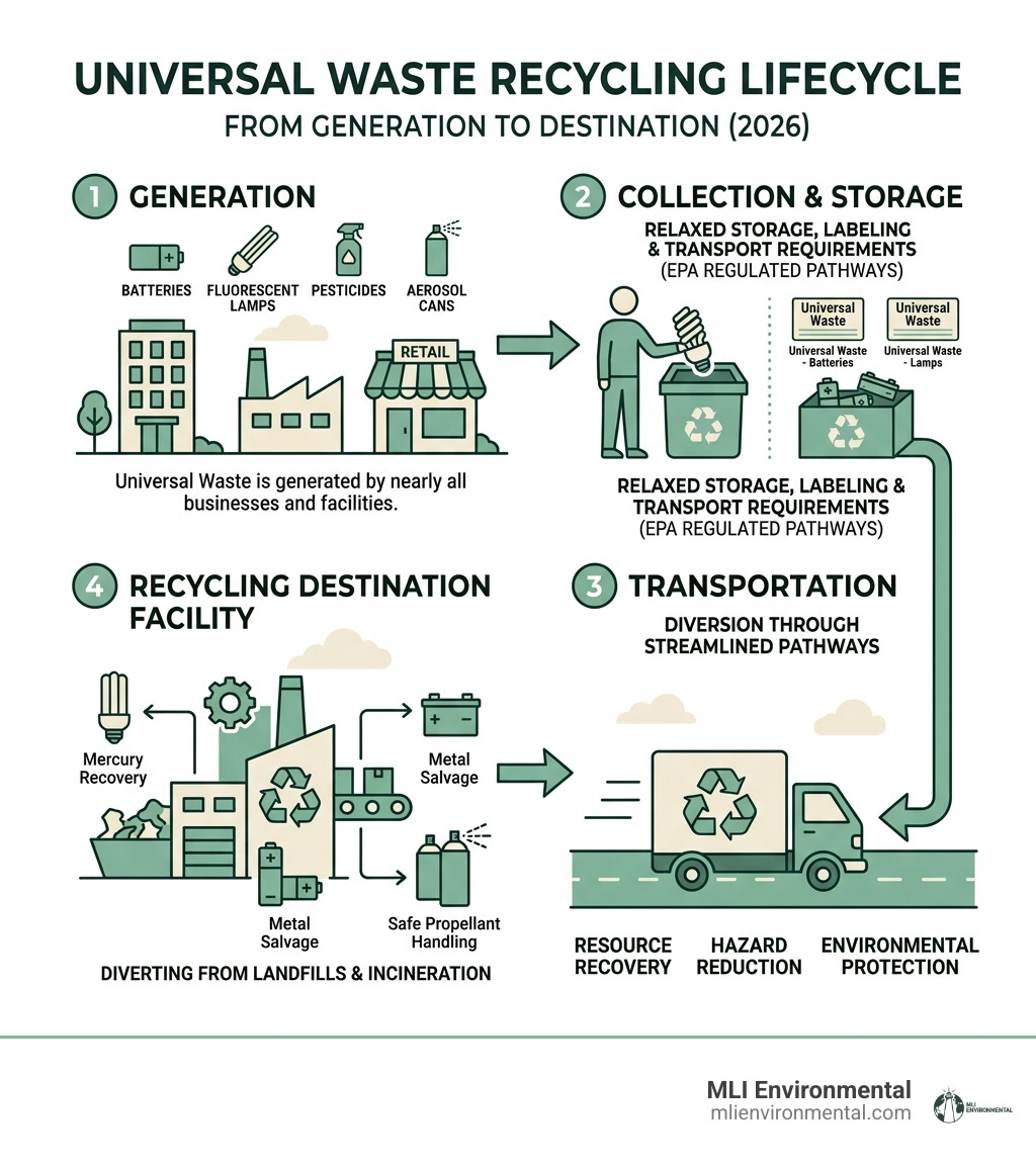 Universal waste lifecycle from generation to recycling destination facility - Universal waste recycling infographic Universal waste lifecycle from generation to recycling destination facility - Universal waste recycling infographic