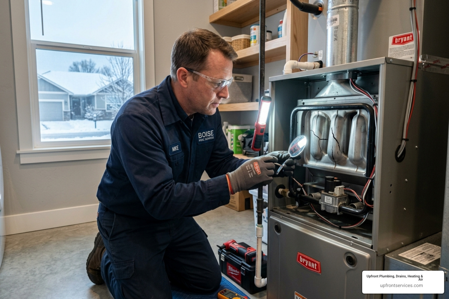 HVAC technician inspecting a cracked heat exchanger in a Boise home - furnace replacement boise
