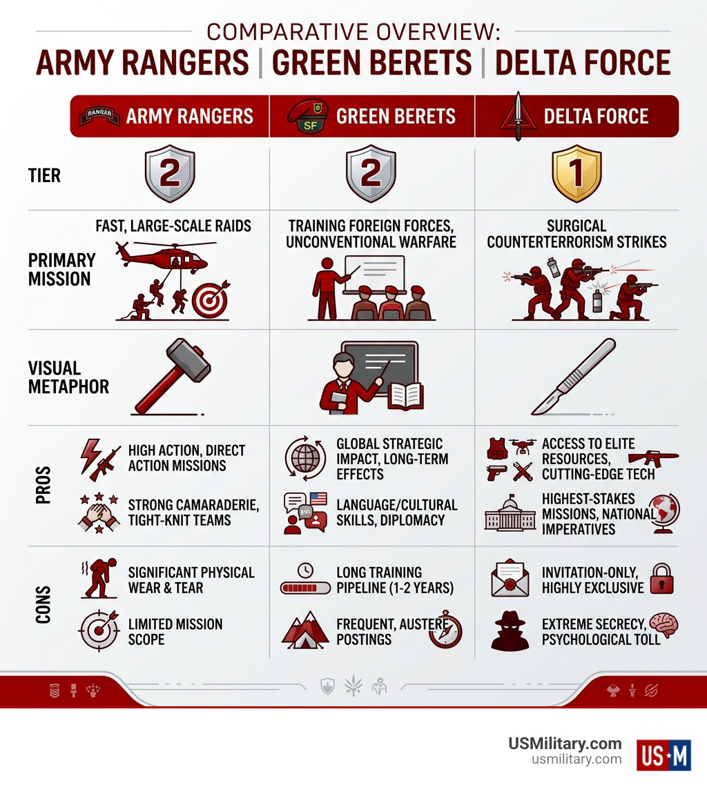 Infographic comparing Army Rangers, Green Berets, and Delta Force by tier, mission, pros, and cons - Army Rangers vs Green