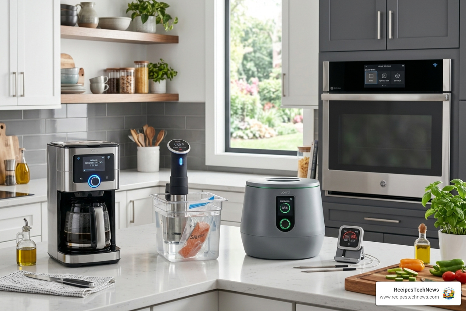 Modern smart countertop setup with various connected gadgets - kitchen smart devices