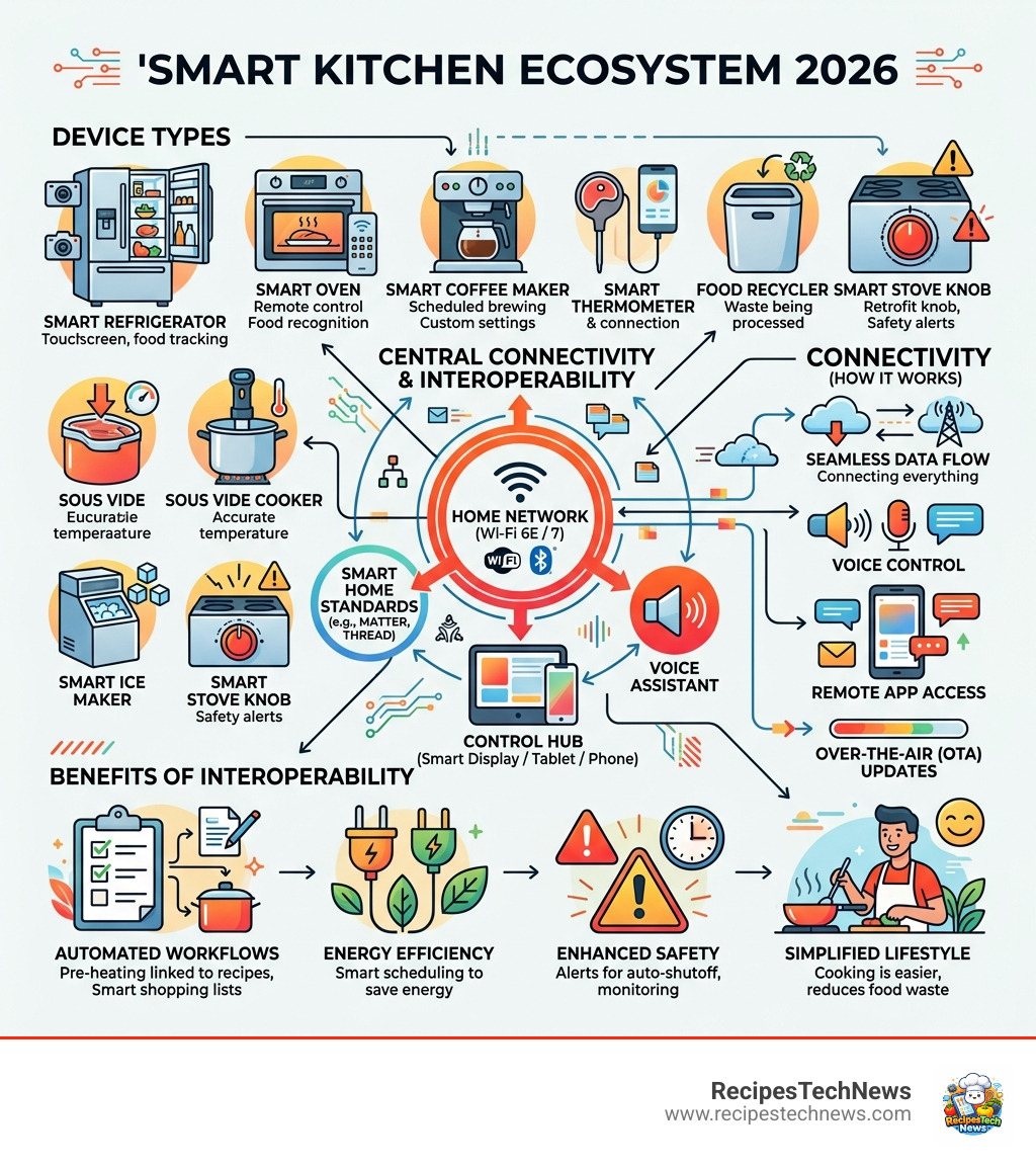 Smart kitchen ecosystem showing device types, connectivity, and interoperability in 2026 - kitchen smart devices infographic 