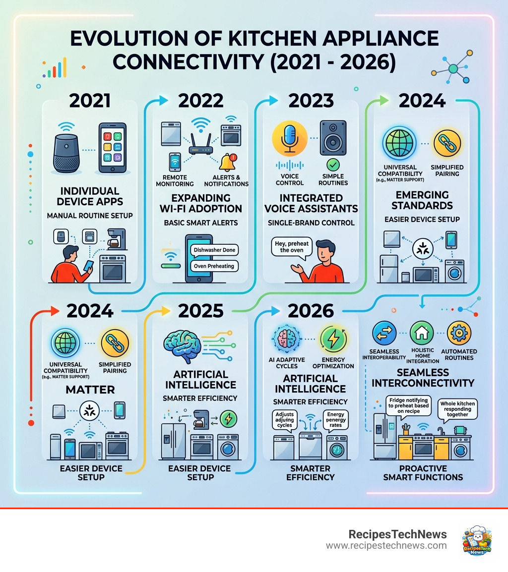 Infographic showing the evolution of appliance connectivity from 2021 to 2026 - kitchen smart devices infographic 