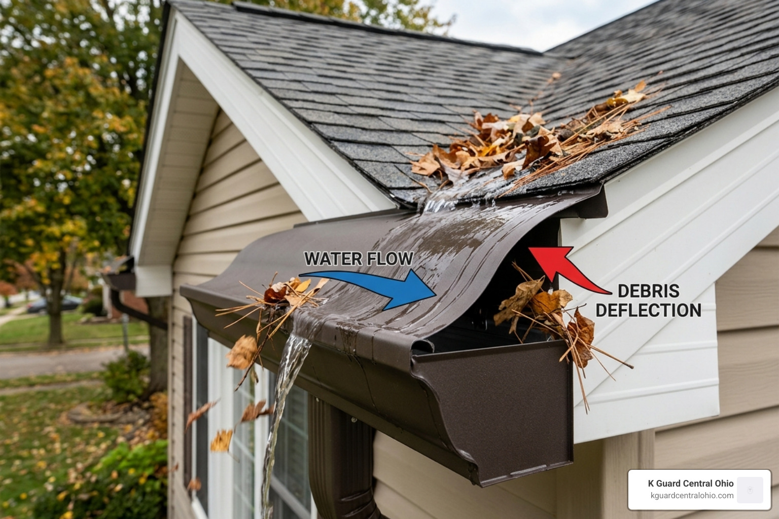 K-Guard unique covered gutter profile showing water flow and debris deflection - cost of 5 inch seamless gutters