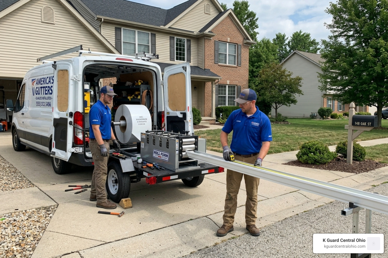 Professional installers using on-site machinery to fabricate seamless gutters - cost of 5 inch seamless gutters