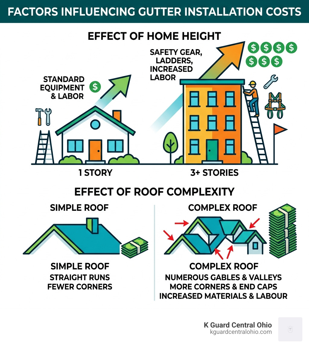 Infographic showing how roof complexity and home height affect gutter installation costs - cost of 5 inch seamless gutters