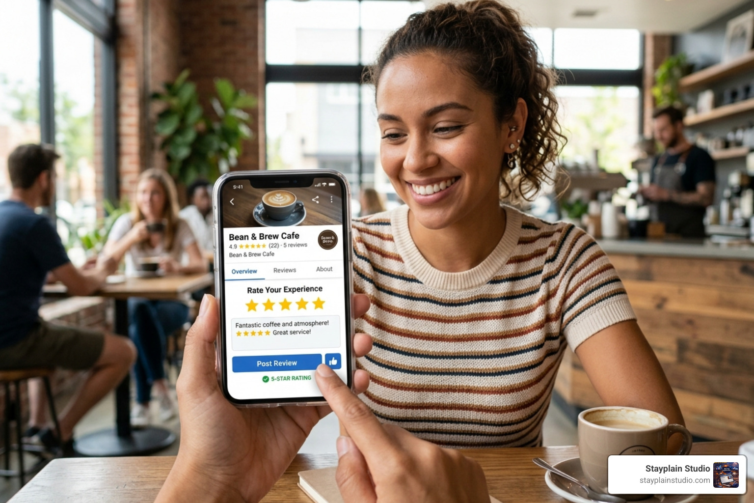 customer leaving a 5-star review on phone - local seo ghana